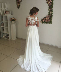 ivory chiffon lace round neck long prom dress, evening dress - RongMoon