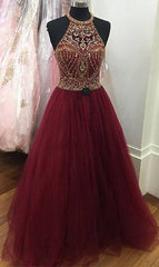 Burgundy o neck sequin beads tulle prom dress, burgundy evening dress - RongMoon