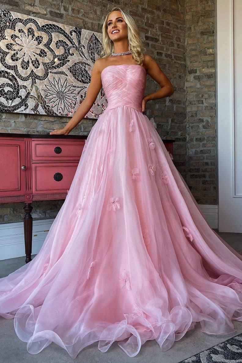 Pink tulle long prom dress pink tulle formal dress - RongMoon