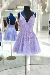 Purple v neck tulle lace short prom dress lace cocktail dress - RongMoon