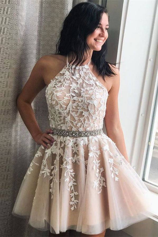 Champagne tulle lace short prom dress tulle lace cocktail dress - RongMoon