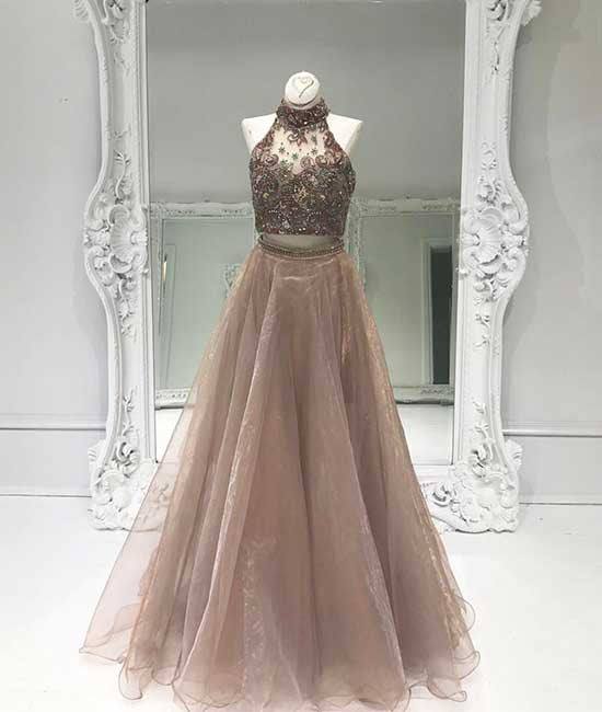 champagne two pieces beads long prom dress, evening dress - RongMoon