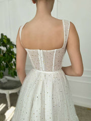 ivory sweetheart neck tea length prom dress ivory formal dress - RongMoon