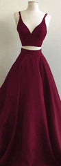 Simple two pieces burgundy long prom dress, burgundy evening dress - RongMoon