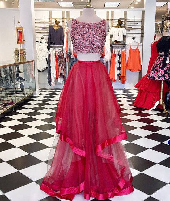 Red round neck sequin two pieces long prom dress, evening dress - RongMoon