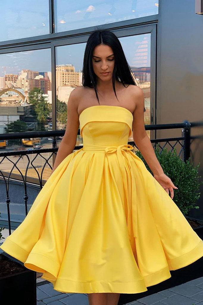 Simple yellow satin short prom dress yellow homecoming dress - RongMoon