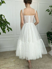ivory sweetheart neck tea length prom dress ivory formal dress - RongMoon