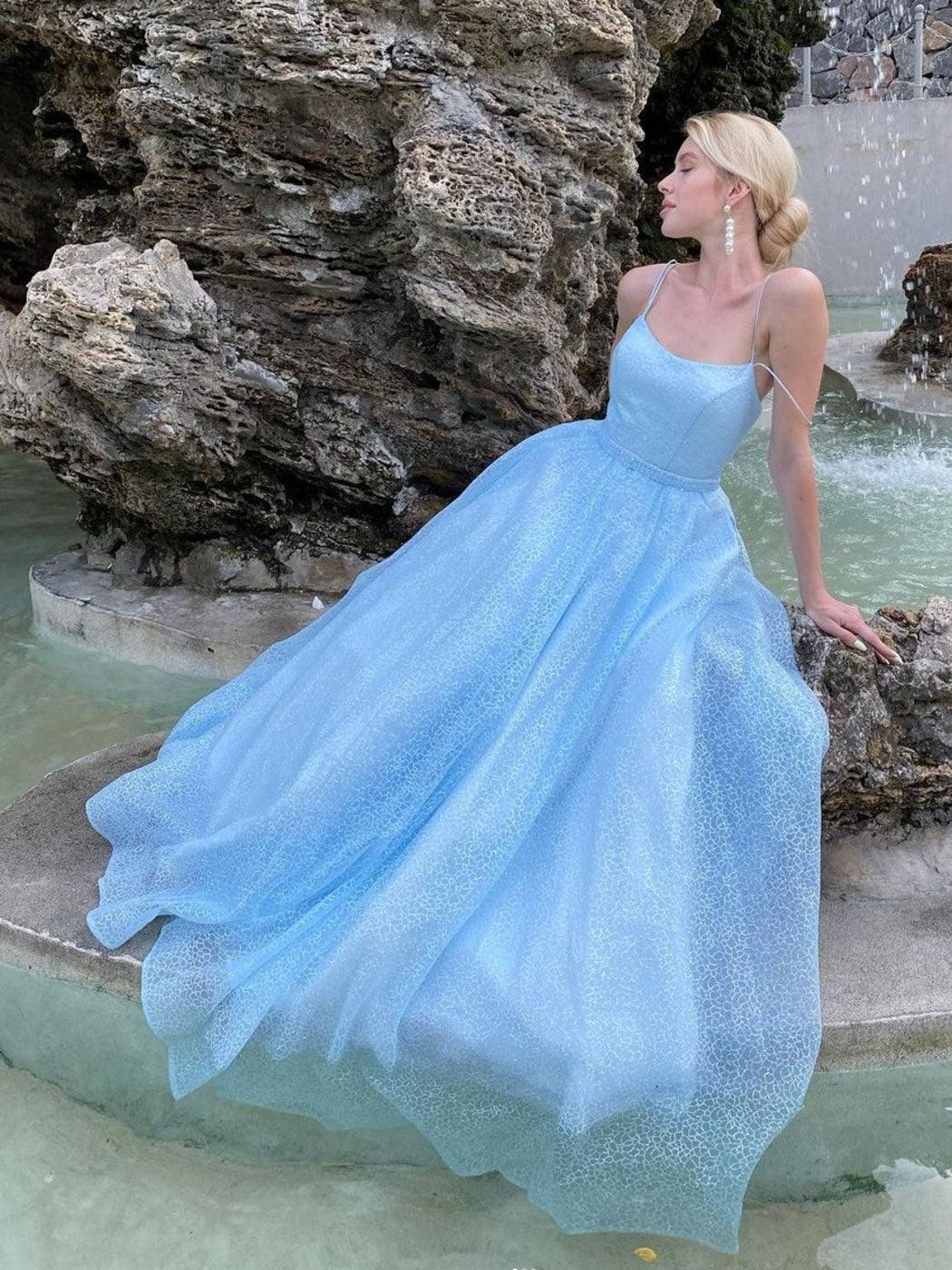 Blue A line tulle sequin long prom dress, blue tulle formal dress - RongMoon
