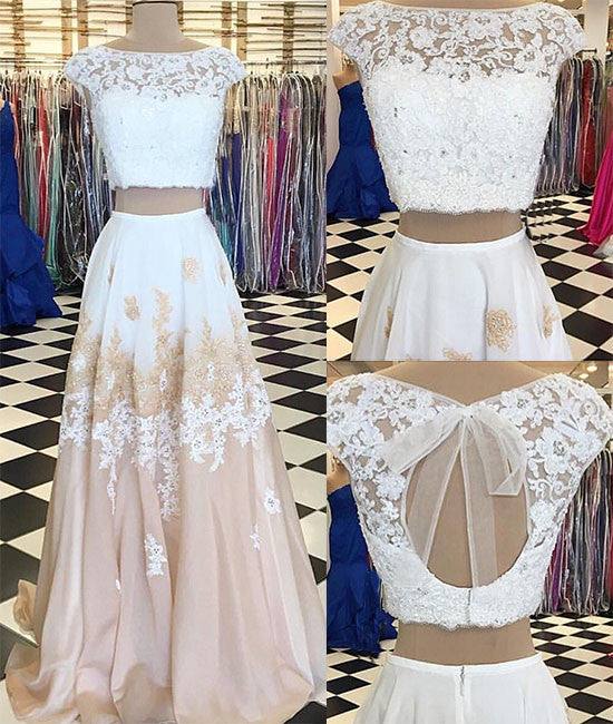 White two pieces lace long prom dress, white evening dress - RongMoon