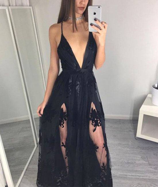 Unique Black v neck lace long prom dress, black evening dress for teens - RongMoon