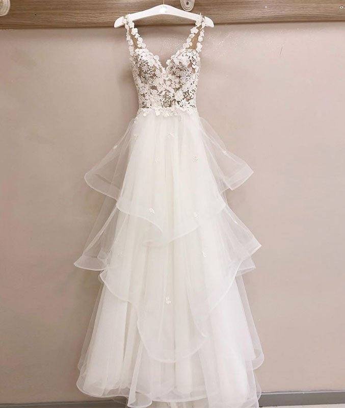 White v neck tulle lace long prom dress, white v neck evening dress - RongMoon