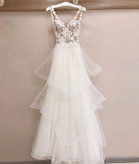 White v neck tulle lace long prom dress, white v neck evening dress - RongMoon