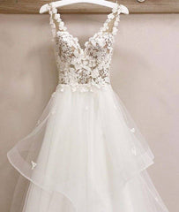 White v neck tulle lace long prom dress, white v neck evening dress - RongMoon