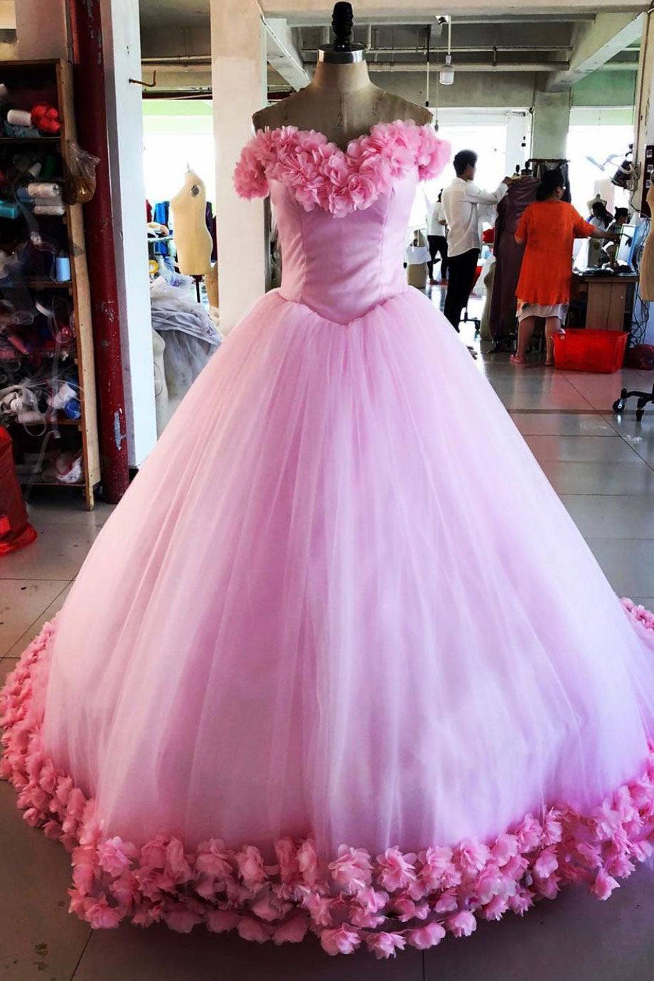 Pink tulle 3d flower tulle long prom gown, pink tulle evening dress - RongMoon