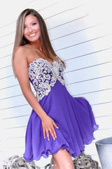 Purple sweetheart lace short prom dress purple lace homecoming dress - RongMoon