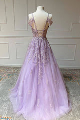 Purple v neck tulle lace long prom dress purple lace formal dress - RongMoon