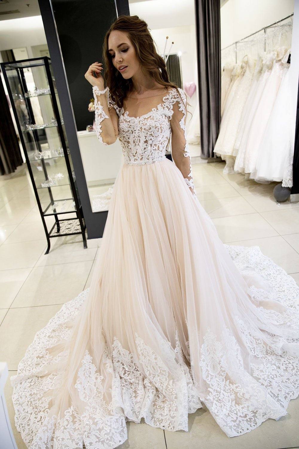 Champagne tulle lace long prom dress, evening dress - RongMoon