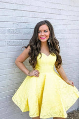 Cute yellow lace short prom dress yellow homecoming dress - RongMoon