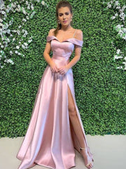 Simple pink off shoulder long prom dress, pink evening dress - RongMoon