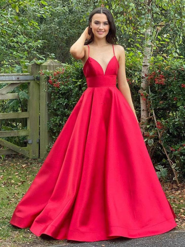 Simple red v neck satin long prom dress, red evening dress - RongMoon