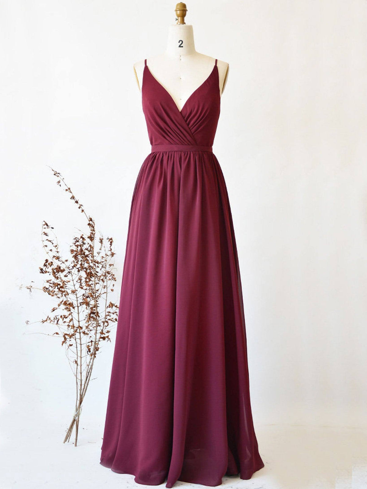 Simple burgundy chiffon lace long prom dress, burgundy evening dress - RongMoon