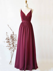 Simple burgundy chiffon lace long prom dress, burgundy evening dress - RongMoon