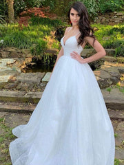 White v neck sequin tulle long prom dress white tulle formal dress - RongMoon