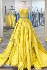 Simple yellow satin long prom dress yellow evening dress - RongMoon