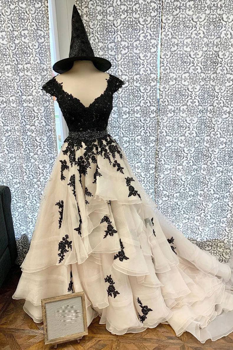 Black sweetheart tulle lace long prom dress black lace evening dress - RongMoon