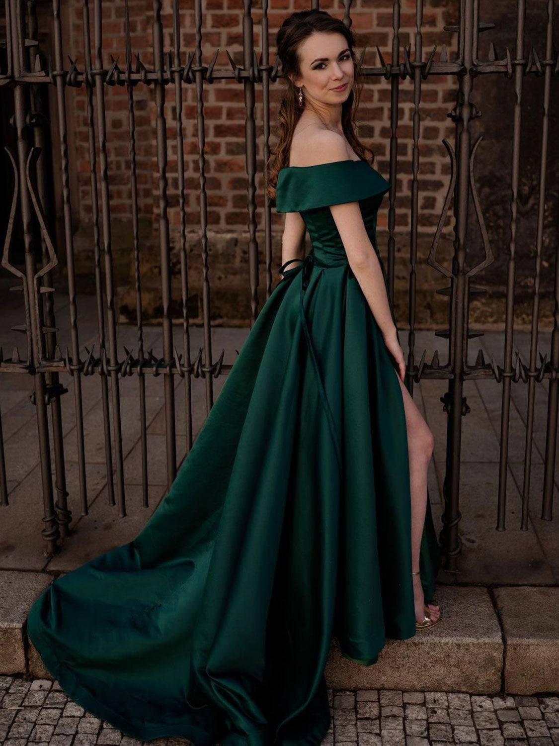 Simple green off shoulder satin long prom dress, green evening dress - RongMoon