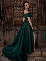 Simple green off shoulder satin long prom dress, green evening dress - RongMoon