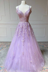 Purple v neck tulle lace long prom dress purple lace formal dress - RongMoon