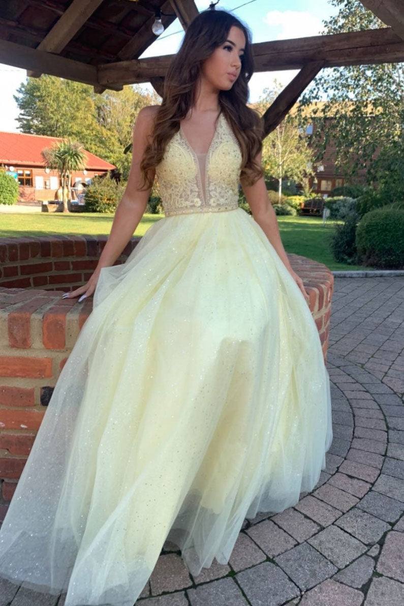 Yellow v neck tulle lace long prom dress yellow formal dress - RongMoon