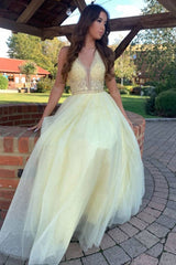 Yellow v neck tulle lace long prom dress yellow formal dress - RongMoon