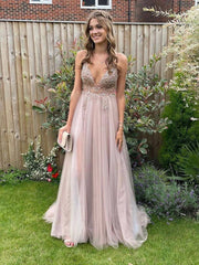 Light pink v neck tulle beads long prom dress, light pink evening dress - RongMoon