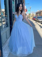 Simple sweetheart neck tulle long prom dress, sequin evening dress - RongMoon
