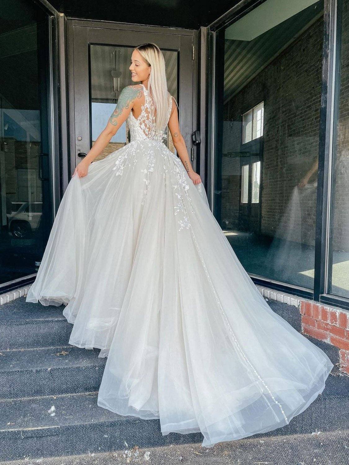 Light champagne v neck tulle lace long prom dress, lace evening dress - RongMoon