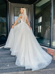 Light champagne v neck tulle lace long prom dress, lace evening dress - RongMoon