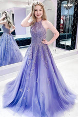 Purple tulle lace long prom dress purple lace formal dress - RongMoon