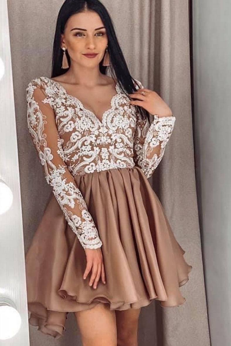 Champagne v neck lace short prom dress lace bridesmaid dress - RongMoon