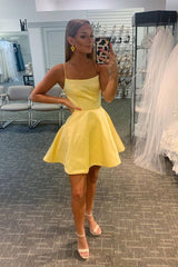 Simple yellow satin short prom dress yellow homecoming dress - RongMoon