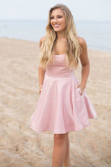 Simple pink satin short prom dress pink homecoming dress - RongMoon
