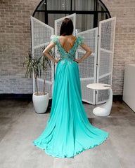 Green round neck chiffon lace long prom dress, lace evening dress - RongMoon