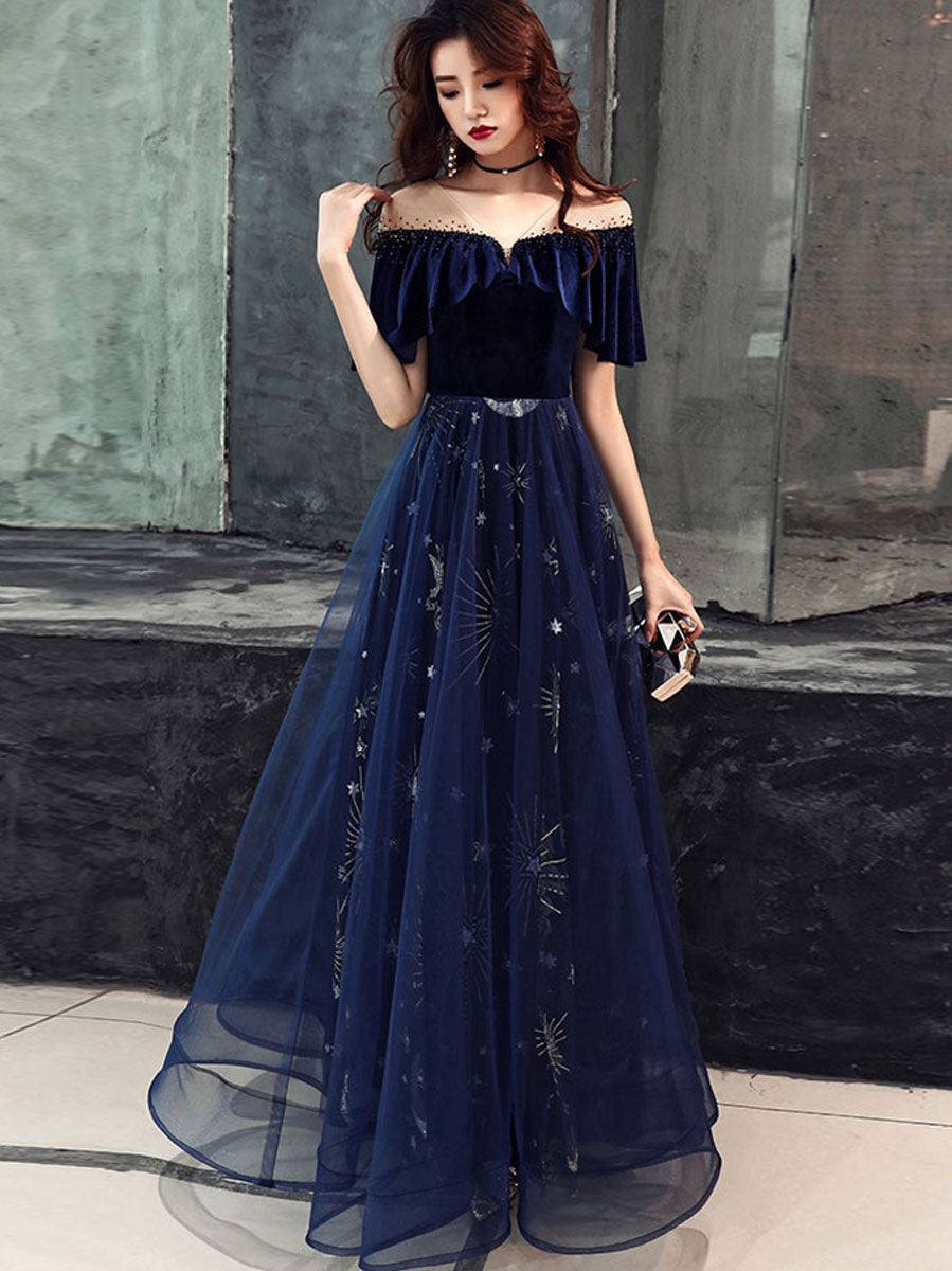 Blue v neck tulle lace long prom dress, blue tulle formal dress - RongMoon