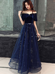 Blue v neck tulle lace long prom dress, blue tulle formal dress - RongMoon