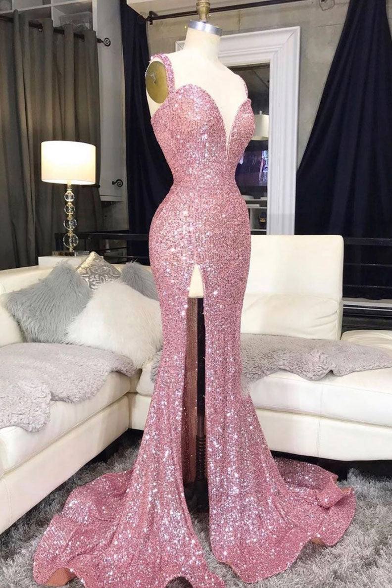 Pink sweetheart sequin mermaid long prom dress pink evening dress - RongMoon