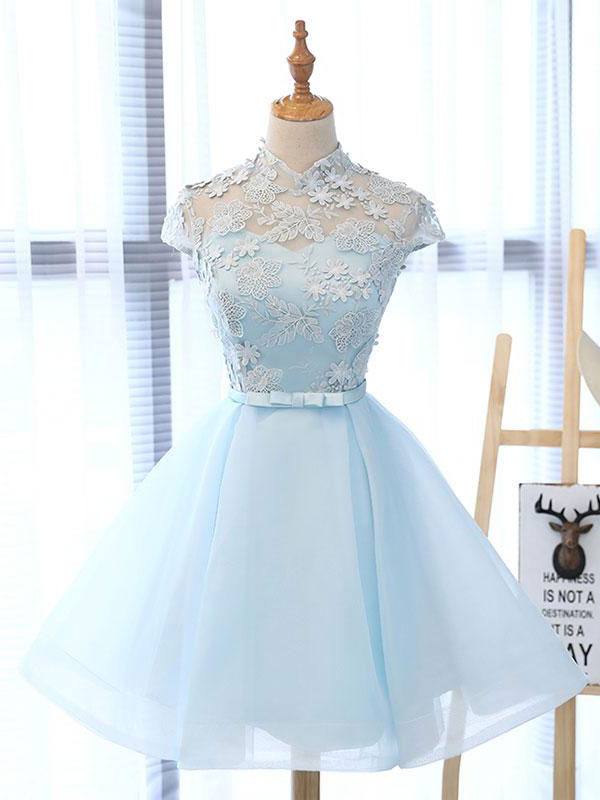Blue tulle lace short prom dress, blue tulle lace homecoming dress - RongMoon