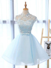Blue tulle lace short prom dress, blue tulle lace homecoming dress - RongMoon
