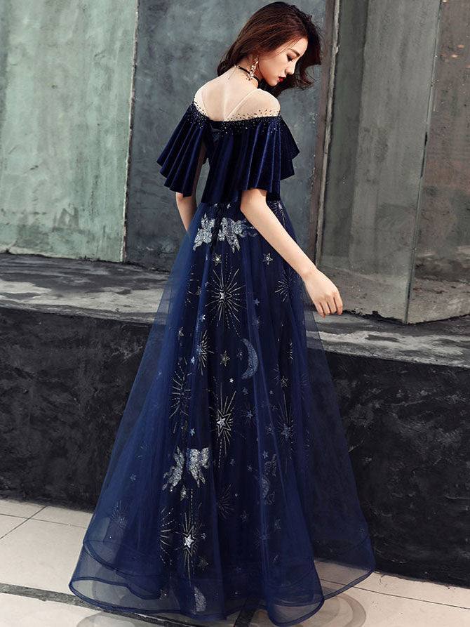 Blue v neck tulle lace long prom dress, blue tulle formal dress - RongMoon