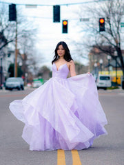 Simple v neck tulle long prom dress pink tulle formal dress - RongMoon